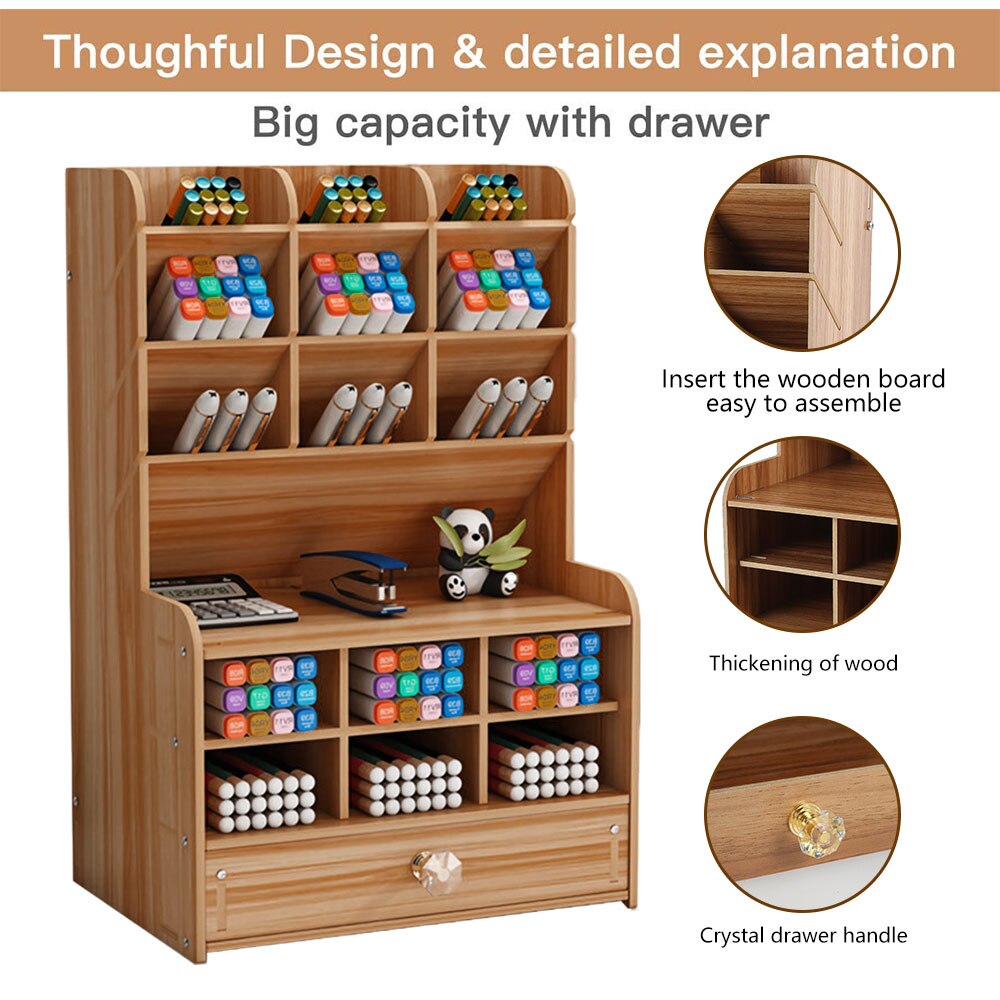 Desk Organizer Multi-Functional Wooden DIY Pen Holder Ox Desktop Stationary Home Holder Office Desktop Storage Shelf