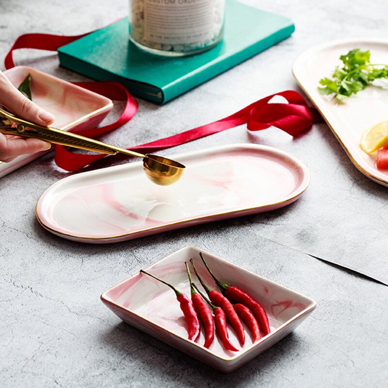 Nordic Marble Pattern Ceramic Storage Plate Kitchen Food Display Tray Rectangular Desktop Organizer
