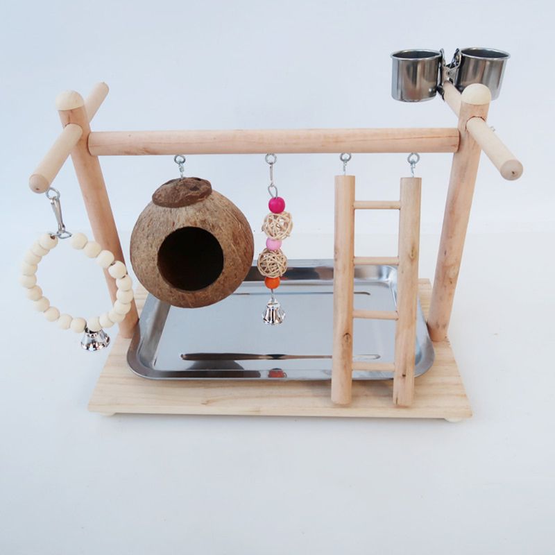 Aire de jeux pour perroquets et oiseaux, perchoir en bois, gymnastique, coquille de noix de coco, Cage à oiseaux, échelle, jouets d&#39;exercice avec coupelles d&#39;alimentation pour les tourtereaux conures