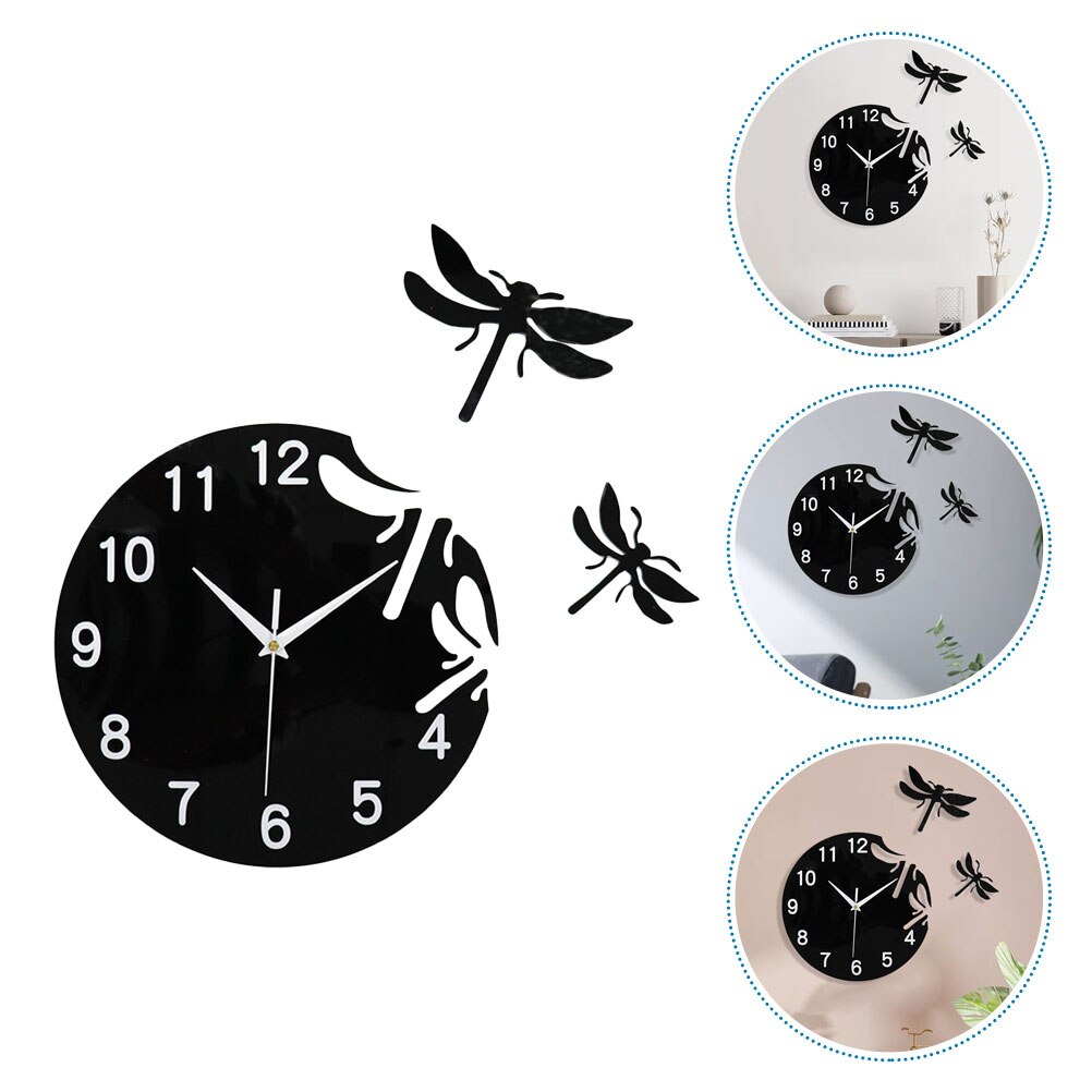 1 Set Acrylic Dragonfly Clock 3D Clock Ornament Art Wall Hanging Clock Living Room Decor