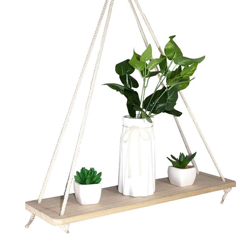 Wooden Wall Hanging Flower Pot Stand Wood Swing Hanging Rope Wall Mounted Plant Floating Shelves Home Garden Storage Rack