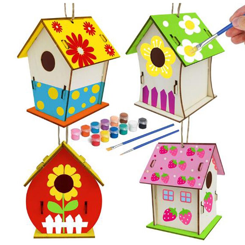 1 Pc Diy Mini Houten Vogel Huis Schilderen Borstel Kleurrijke Pigment Speelgoed Voor Kinderen