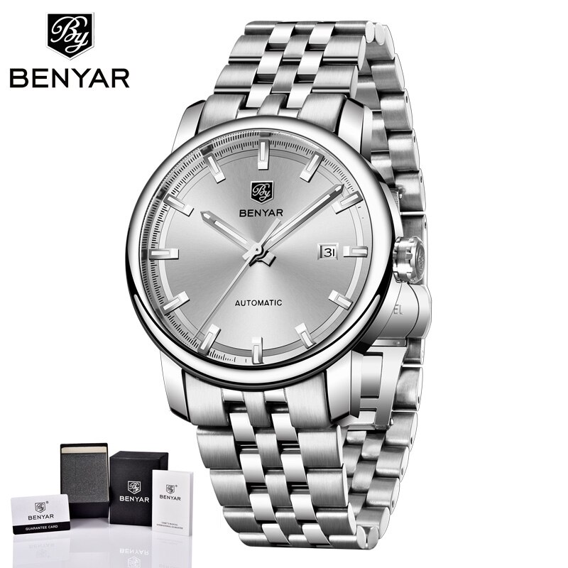 BENYAR mannen Horloges Automatische/Mechanische/Luxe/Horloge mannen Roestvrij Staal Waterdichte Horloge Mannen Klok relogio Masculino: S-White