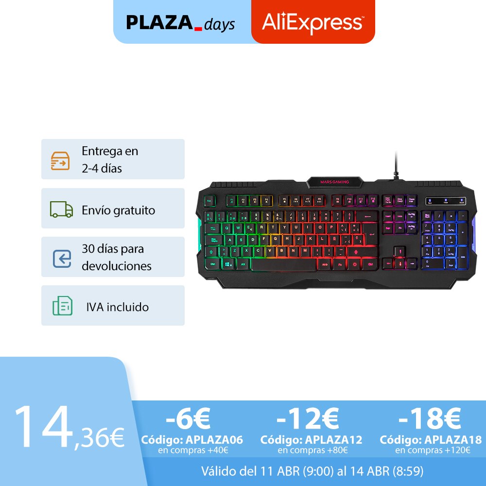 Mars Gaming MRK0, Teclado Gaming RGB Rainbow, Antighosting, Idioma Español / Francés / Portugués