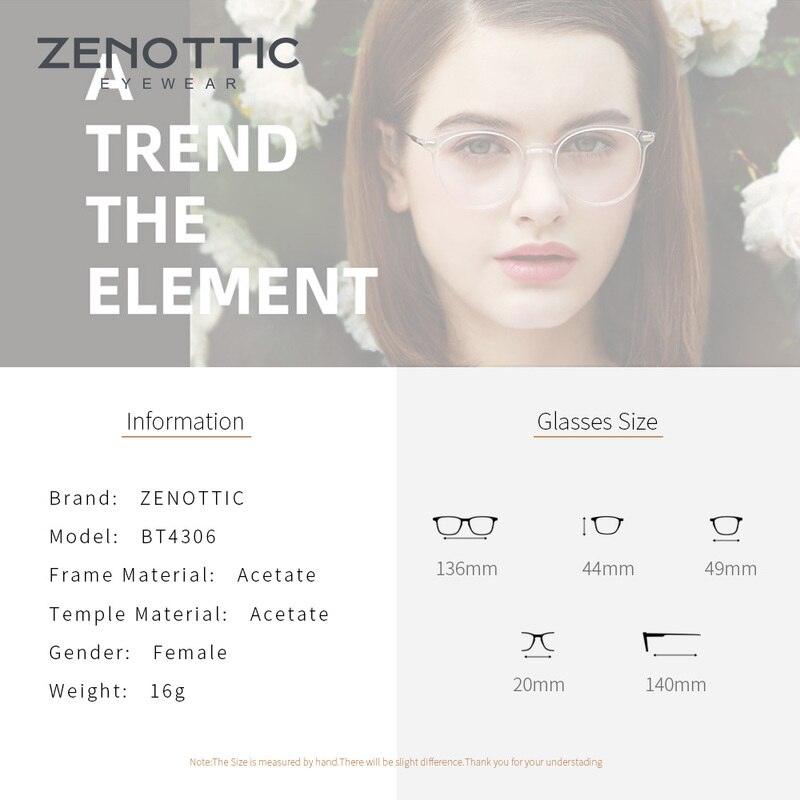 ZENOTTIC-gafas redondas Retro de acetato para mujer, montura transparente para miopía óptica, ultraligeras, Vintage
