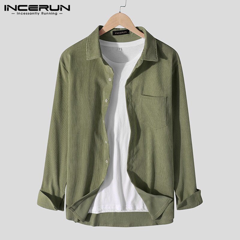 Efterår herre fløjlsskjorte ensfarvet langærmet revers mærke streetwear bluse chic camisa masculina incerun s -3xl