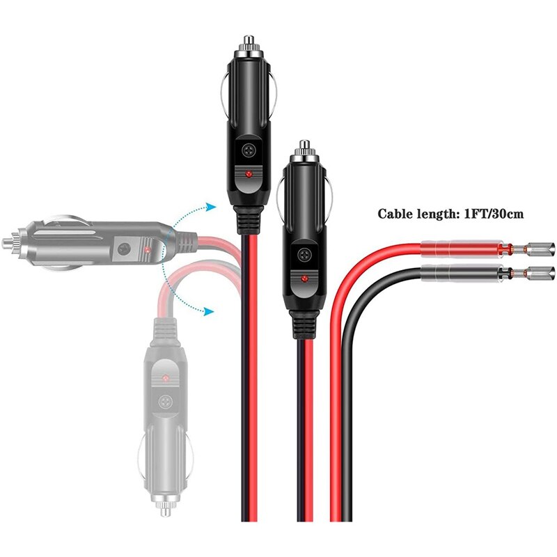 2 Pack 12V Fused Replacement Cigarette-Lighter Male Plug - Cigarette-Lighter Plug - 1FT 16AWG Extension Cable With Fuse