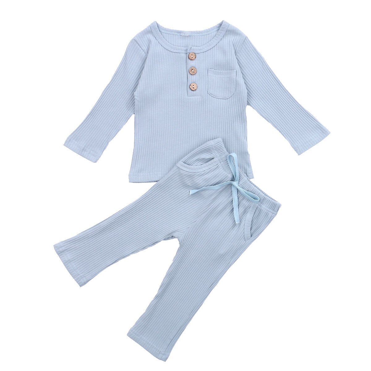 Focusnm 0-5y outono inverno crianças meninas meninos sleepwear define sólido malha manga comprida pulôver tops calças 3 cores: Azul / 4 T