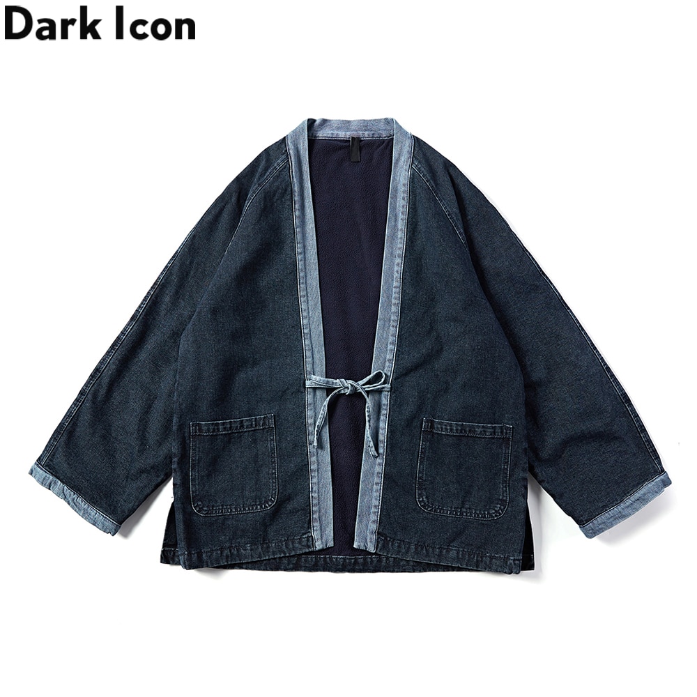 Mørkt ikon ensfarvet denim kimono mænd åben søm fleece inde i mænds jakker overtøj jean jakke streetwear