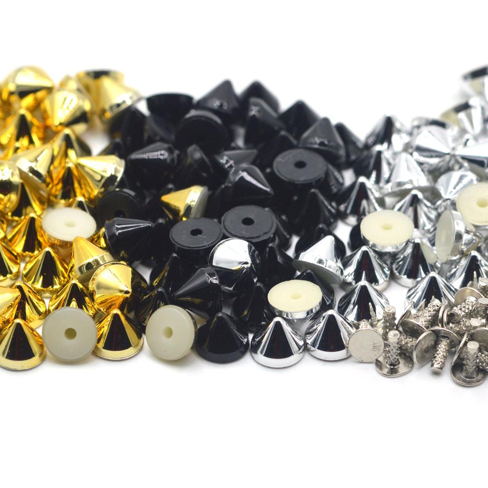 100Sets Zilver Goud Zwart Plated Acryl Cone Punk Studs Klinknagels Spikes Voor Schoenen Bag Garment Decoratie 6.4x5.1mm