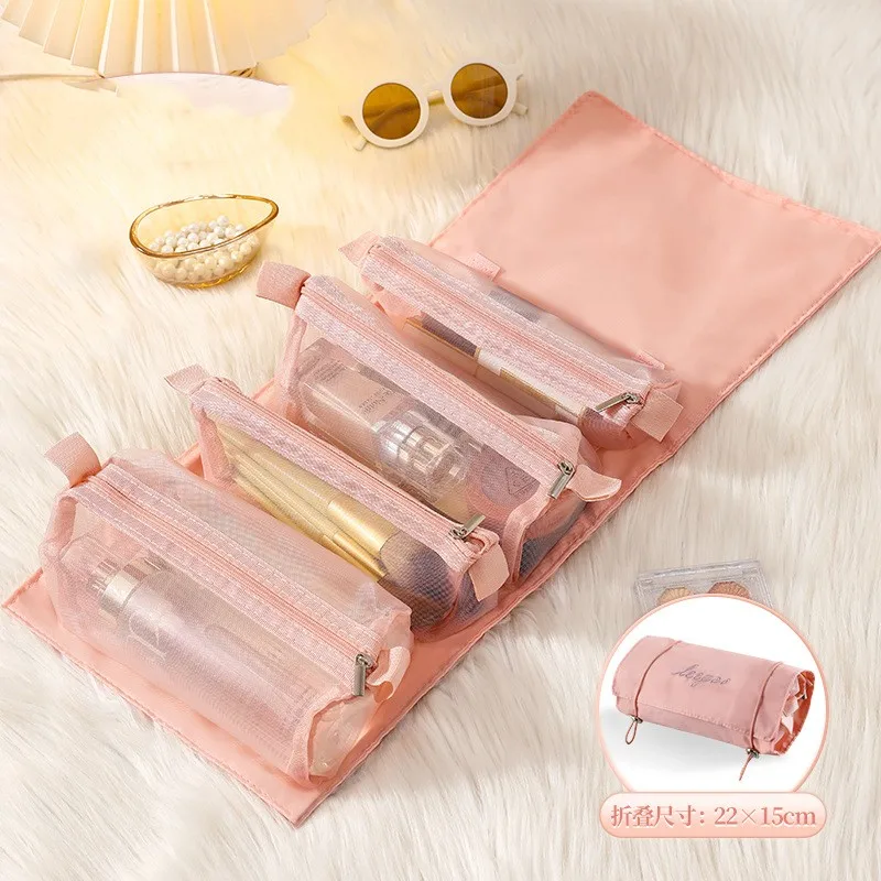 Detachable Cosmetic Bag Portable Large Capacity 4 in 1 Makeup Bags Portable Folding Travel Cosmetics Storage Toiletry Bag: Pink