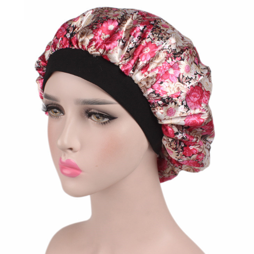 1pc kvinnor satin nattsömn mössa blommig leopardmönstrad nattmössa hår huva hatt siden huvudskydd breda elastiska party cosplay hattar: Rosa