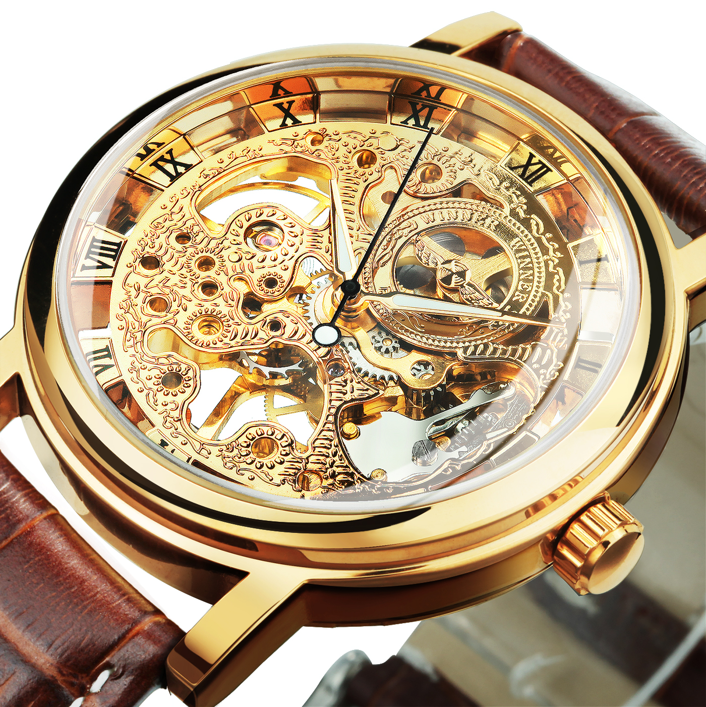 Winnaar Transparante Luxe Skeleton Mechanische Horloges Casual Lederen Band Gouden Horloge voor Mannen Lichtgevende Handen Retro Horloges