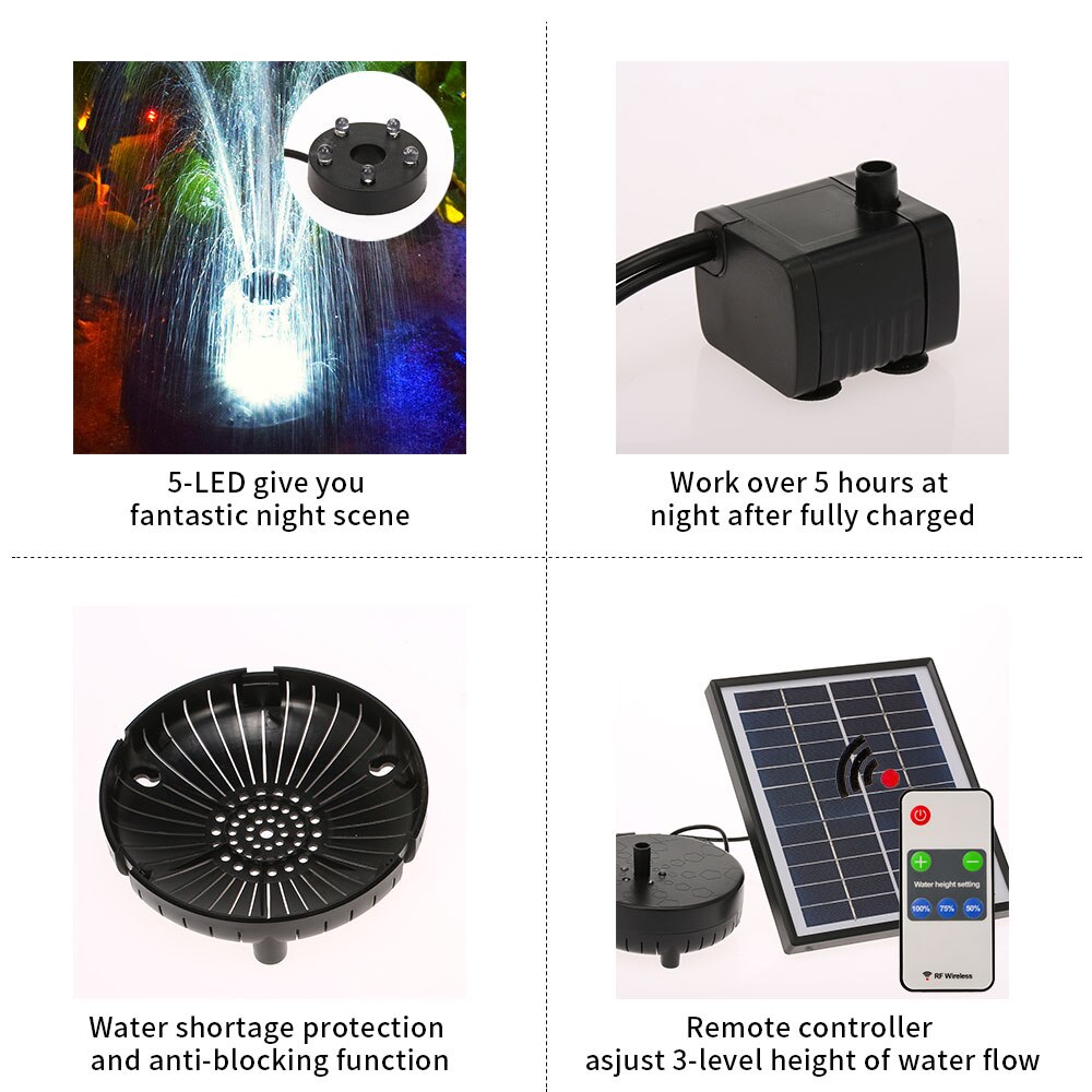 Solar Floating Fountain Pump for Birdbath 12V 5W LED Solar Pond Fountain Brushless Submersible Water Pump Built-in Battery