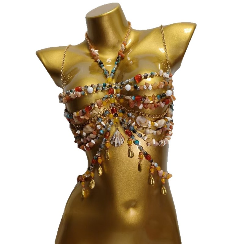 BELLARAVE Womens Handmade Beaded Bra Halter Body Chain Chest Chain Tank Top Festival Party Jewelry Accessories