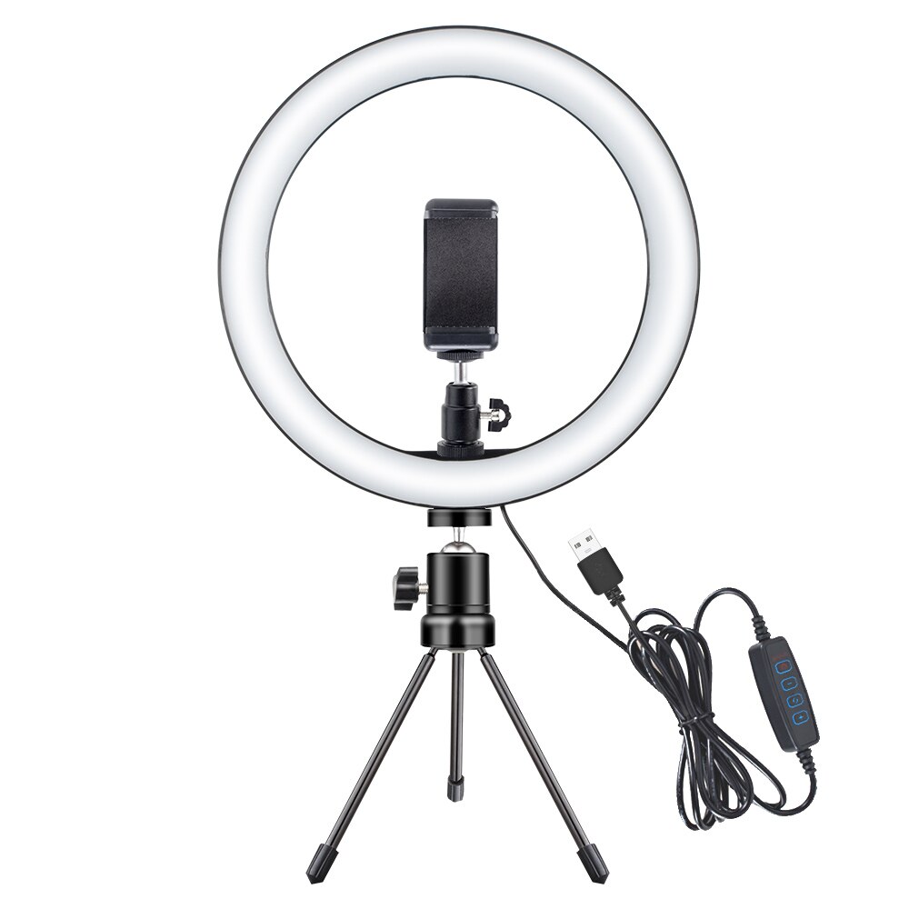 Fotografering led selfie ring ljus 26cm dimbar kamera telefon ring lampa 10 tum med bordsstativ för makeup video live studio: Svart
