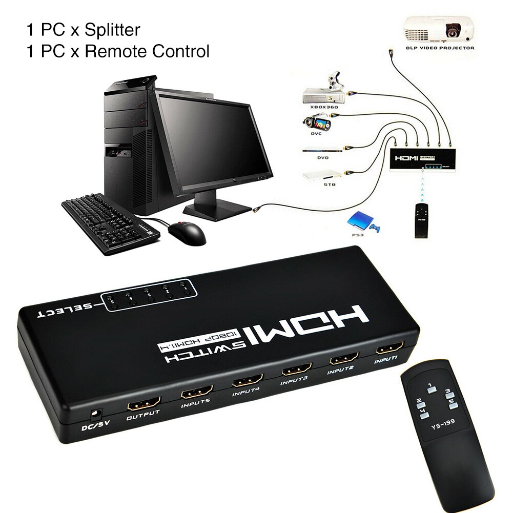 DVD Met Afstandsbediening Hoge Snelheid Conversie 5 Ingang 1 Uitgang 1080P Voor HD TV Splitter HDMI Professionele Effen adapter ABS Mini
