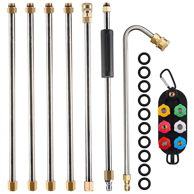 YUET High Pressure Washer Extension Rod Extension Power Washer Lance with 6 Spray Head Tips, 9 Pcs Gutter Cleaner Attachment Curved Rod, 1/4 Inch