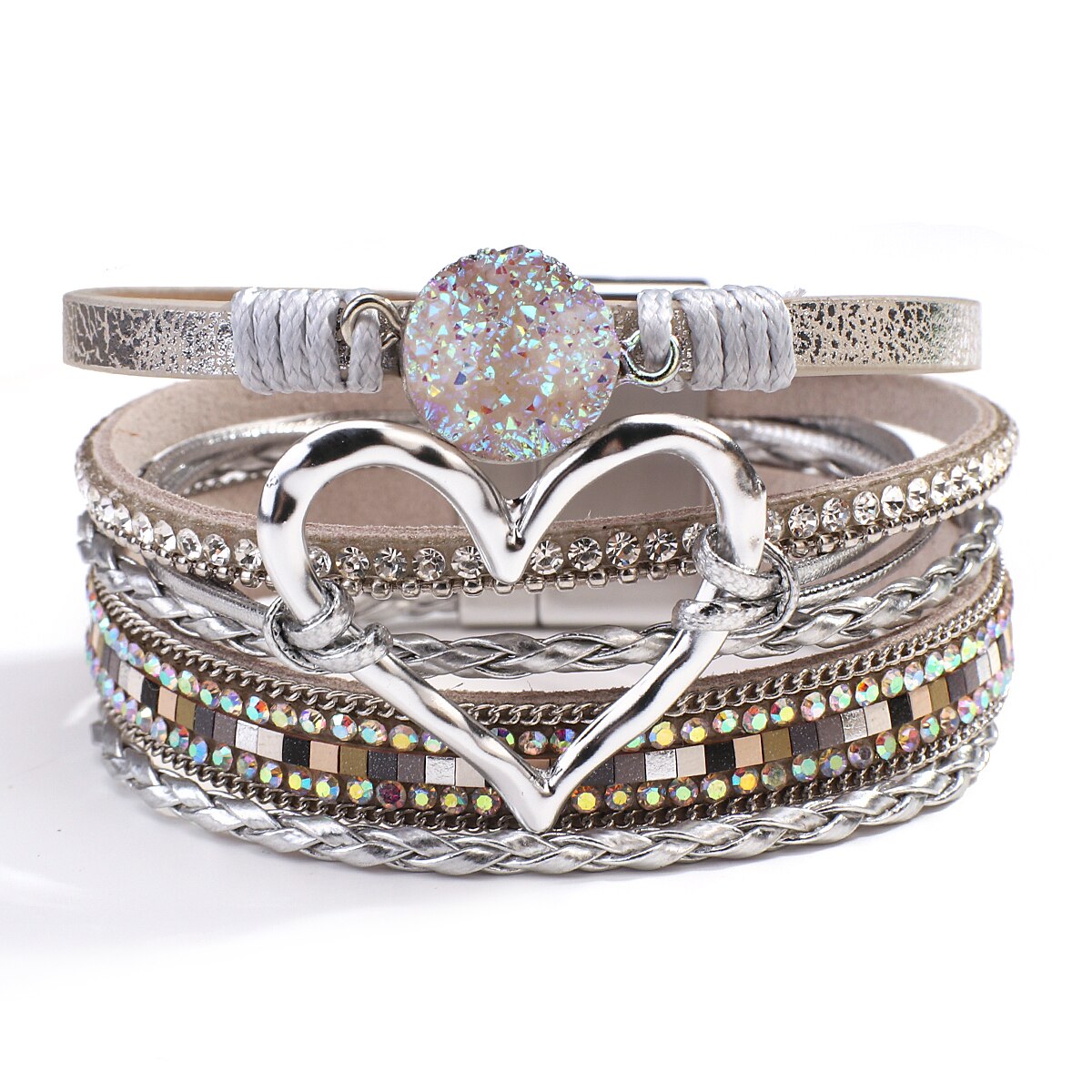 Amorcome-pulsera de cuero trenzado para mujer, brazalete con varias capas de piedras de resina, corazón hueco,