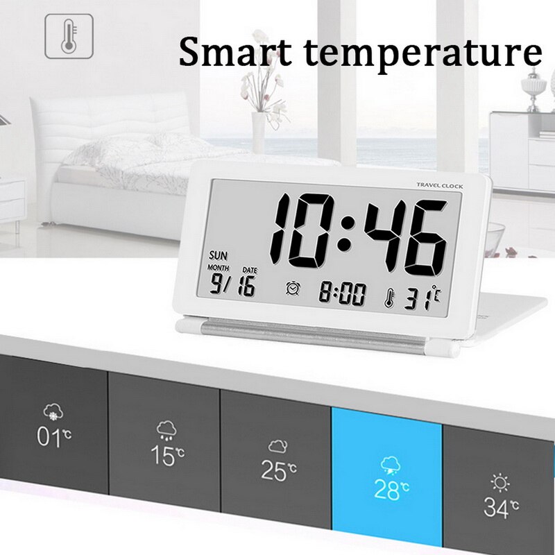 Electronic Alarm Clock Travel Clock Multifunction Silent LCD Digital Large Screen Folding Table Clock Temperature Date Time
