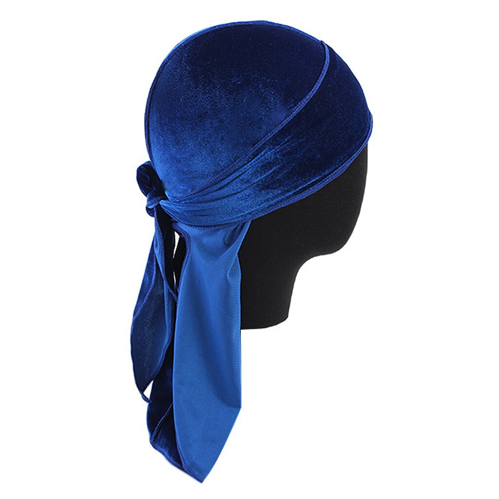Bandana turbante de terciopelo liso con cola larga para hombre y mujer, sombrero de pirata Durag: Royal blue