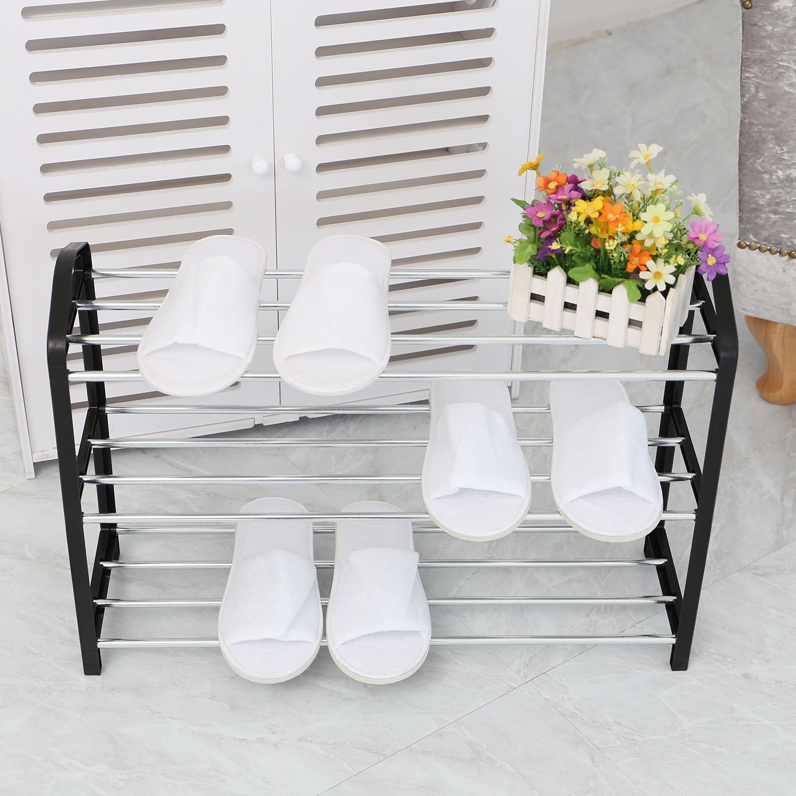 3/4/5 Tiers Modern Shoe Rack Shoe Hanger Solid Room Organizer Multi-layer Shoes Shelf Multi-functional Bedroom Storage Household: 3 Layers L Black