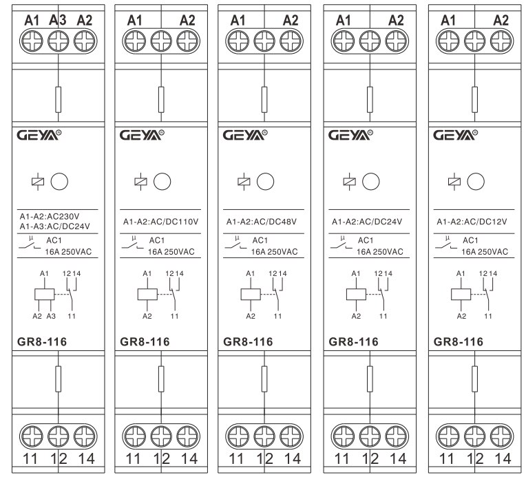 GEYA-interrupteur intermédiaire GR8, relais auxiliaire 8a, 16a, 1SPDT, 2SPDT, 3spdt, AC/dc 12/24/48V, 110V AC 230V