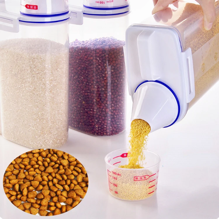 Cubo de comida para perros y gatos, tanque de almacenamiento de plástico con taza medidora, contenedor sellado a prueba de humedad, accesorios para suministros para mascotas, 1,5 kg/2kg