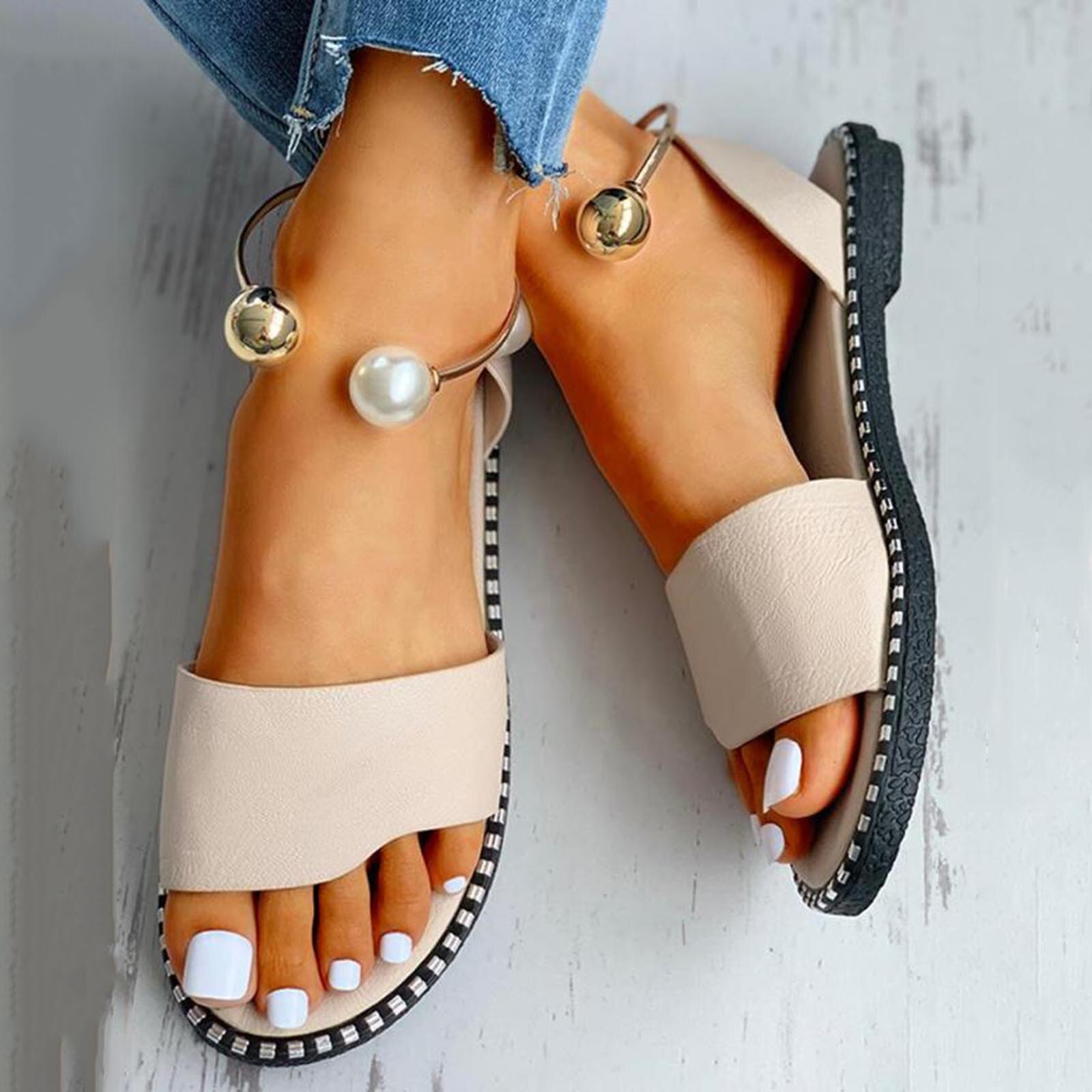 TELOTUNY – sandales antidérapantes pour femmes, chaussures à bout rond, couleur unie, avec boucle en perles, décontractées, tongs d'extérieur, été