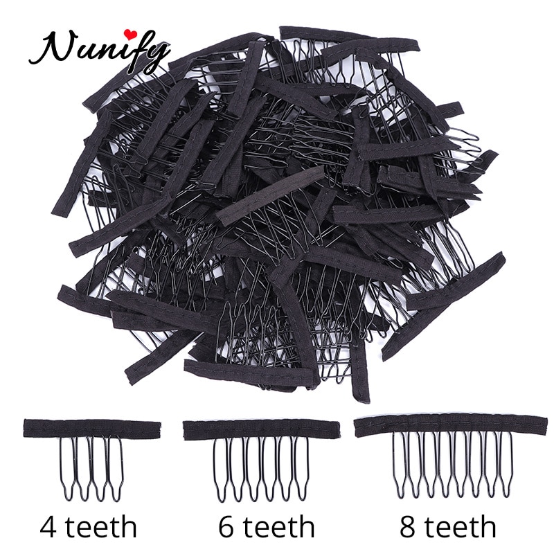Nunify spets peruk klämmor stål 4/6/8 tand polyester slitstark tyg peruk kammar för hårstycken kepsar peruk tillbehör verktyg 24 st/lot