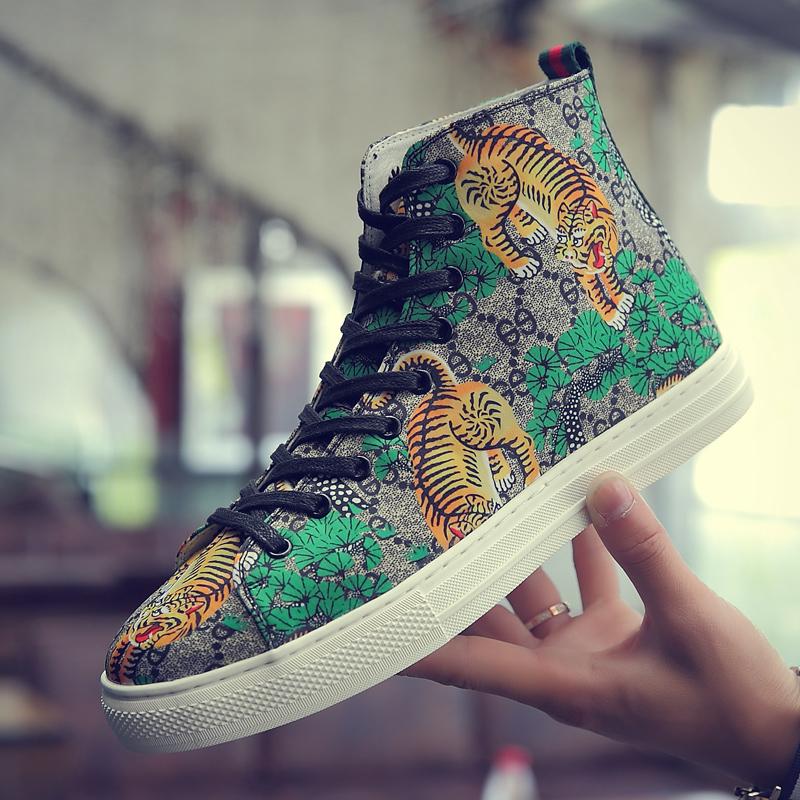 Trendy Green Tiger Print Hoge Top Schoenen Mannen Skateboard Schoenen Lederen Sneakers Mannen Zapatillas Hombre