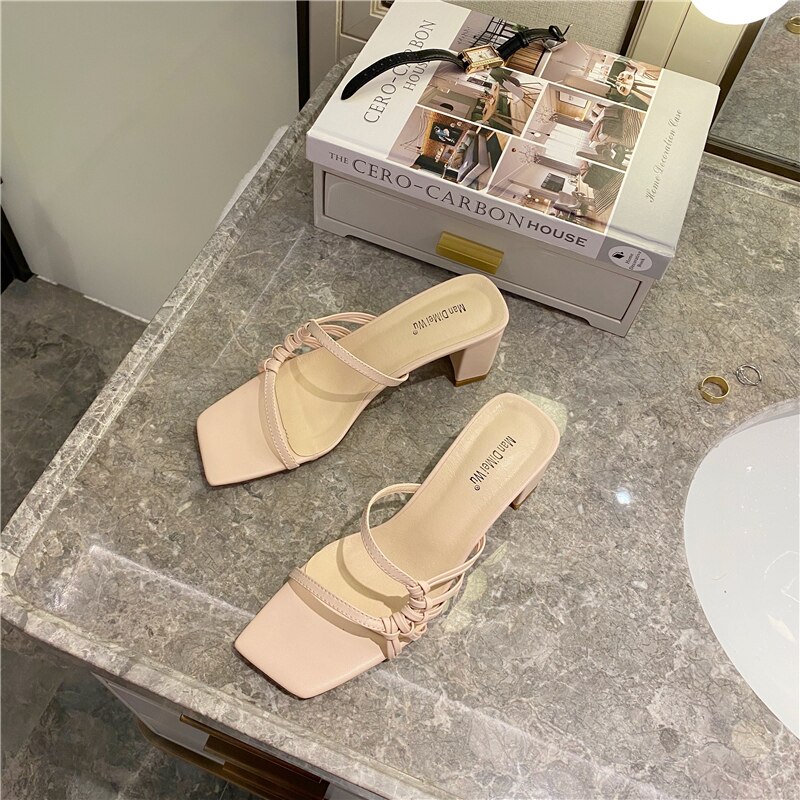 Zomer dames slippers open teen holle dikke hoge hakken slippers outdoor strand schoenen muiltjes slip on sandalen: Beige / 6