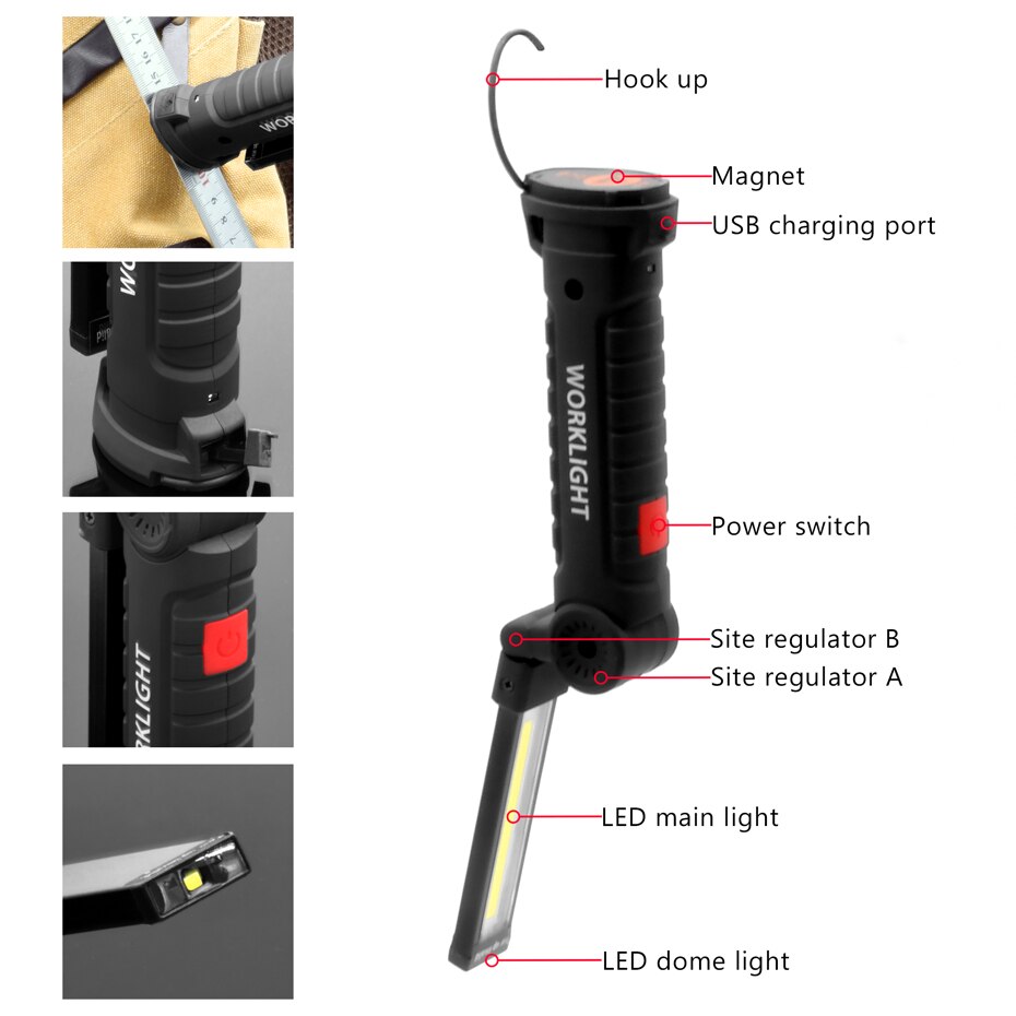 USB Rechargeable Battery Multi Function Folding Work Light COB LED Camping Torch Red Flashlight Magnet hook Up Portable lantern