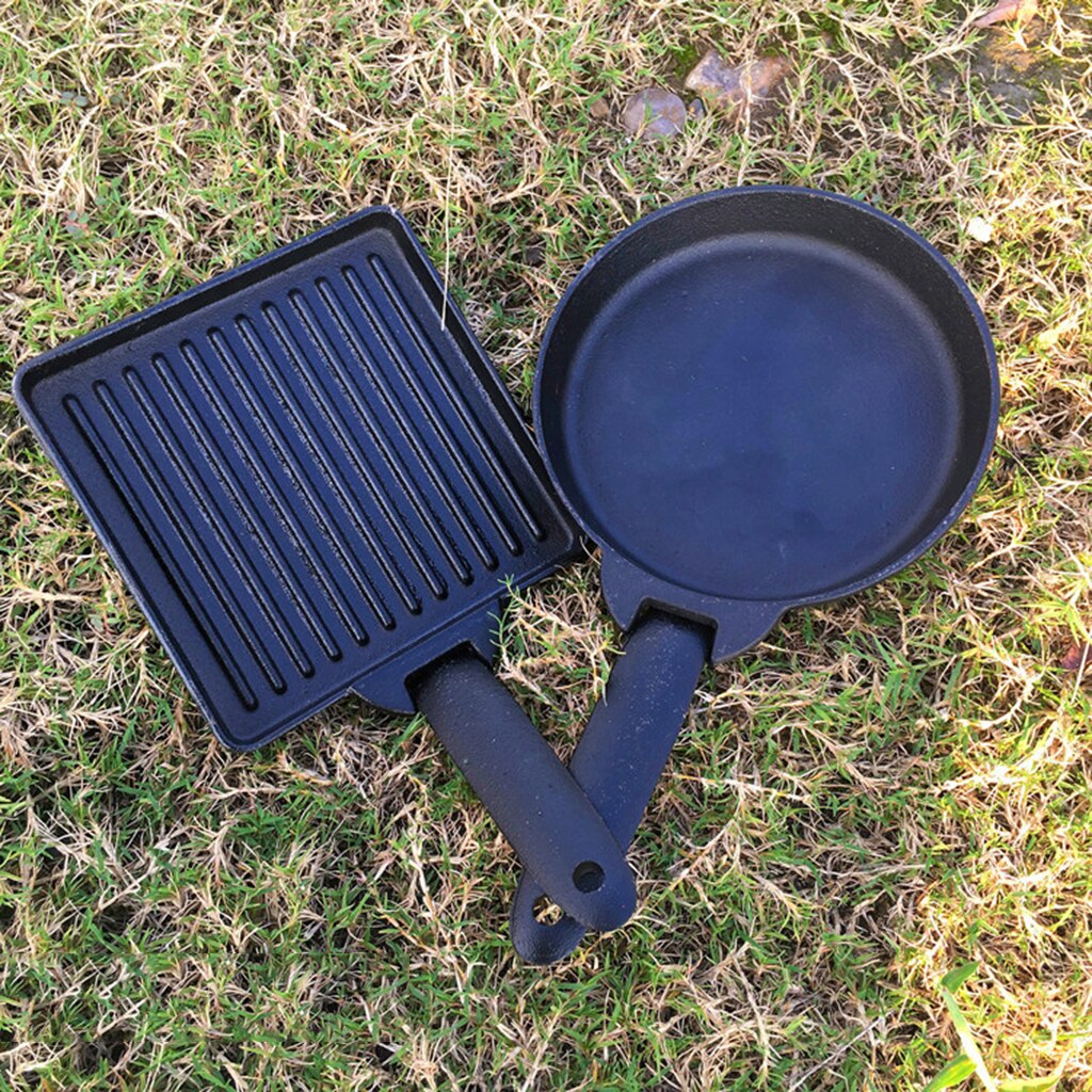 2pcs Square & Round Cast Iron Steak Skillet/ Fry Pan + Bag Camping Outdoor