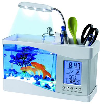 USB Desktop Mini Fish Tank Aquarium Glass LCD Timer Clock LED Lamp Light LED Aquarium Fish Tank Alarm Clock Black/White: White