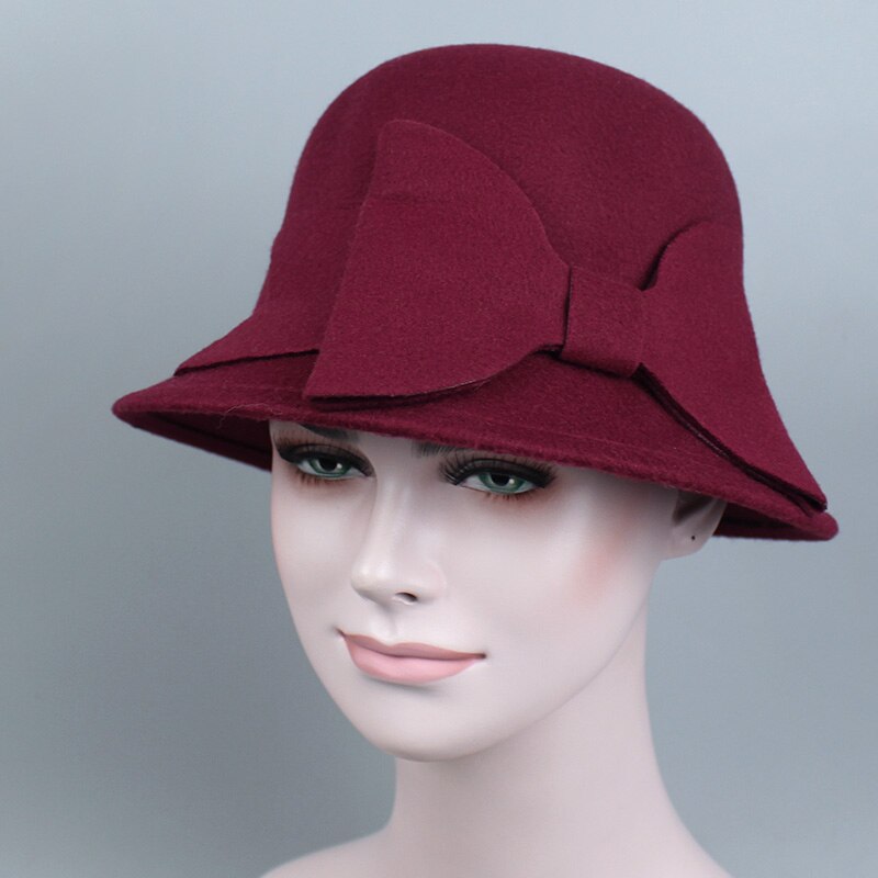 Merk retro dames dames fedora's top jazz hoed winter herfst pet katoen imitatie wollen bolhoeden ronde strik petten: Rode wijn
