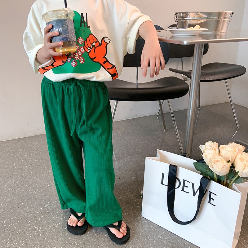 2022 Zomer Jongens En Meisjes Effen Kleur Alle-Match Wijde Pijpen Broek Unisex Losse Dunne Broek: Green / 5T