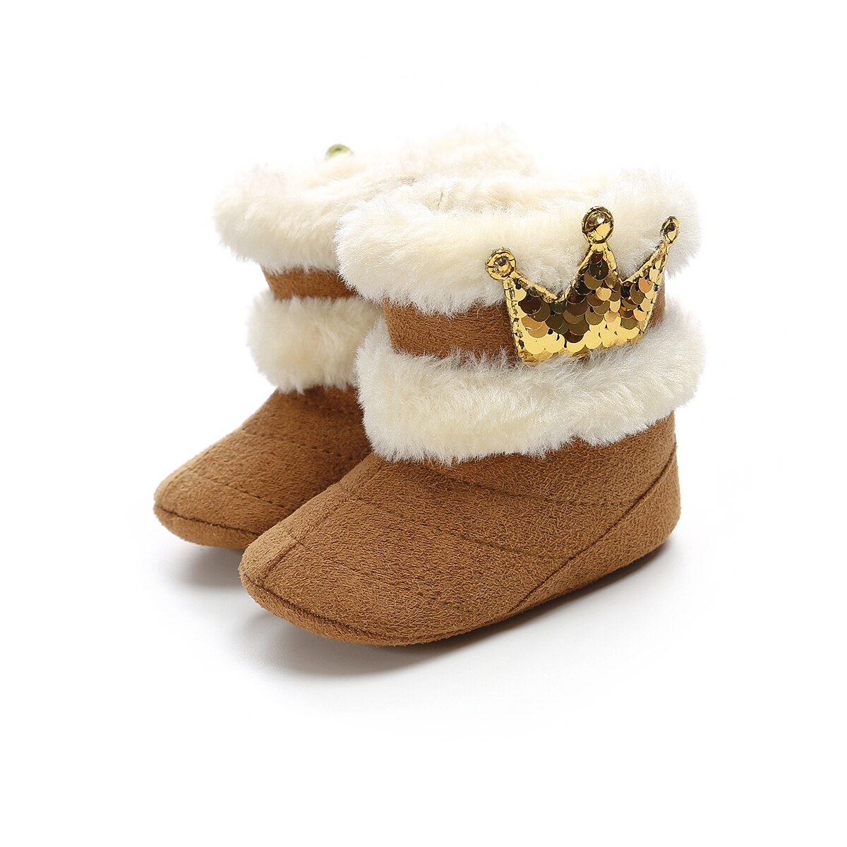 Fancy Princess Snow Boots Baby Girl Soft Plush Sequins Booties Winter Snow Boots Infant Toddler Newborn Warm Sequin Crown Shoes: Brown / 12