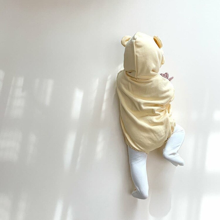 8222 Baby Kleding Hooded Jongens Bodysuit Herfst Pure Kleur Beer Oor Hooded Meisjes Bodysuit 0-2T Baby een Stuk Kleding Onesie