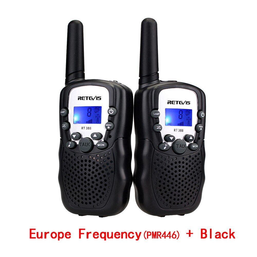 Mini rádio de duas vias para crianças, rádio duas peças de walkie talkie retevis rt388 pmr446 pmr frs/gmrs, transmissor prático para crianças headset woki toki + 2 peças: EU Freq and Black