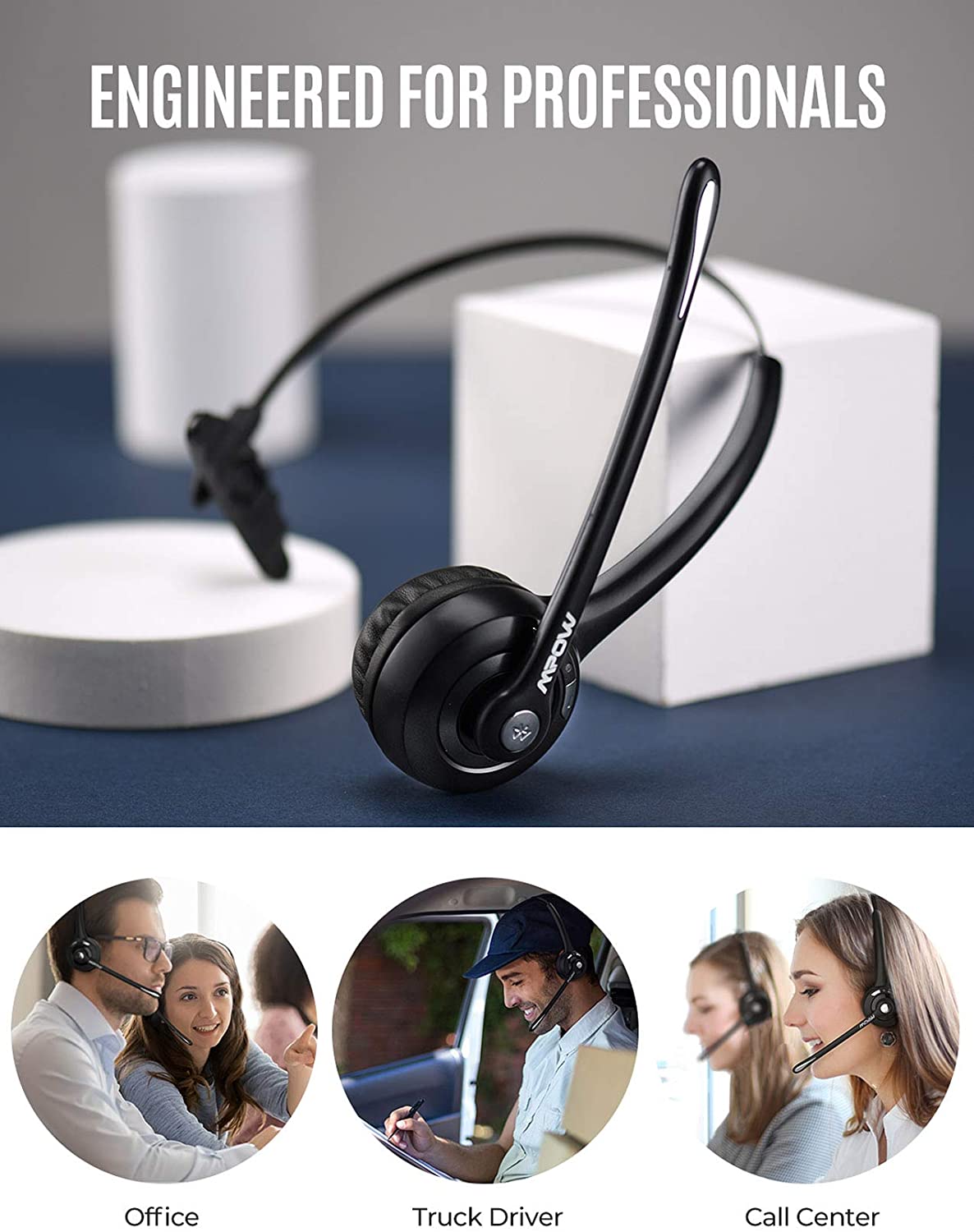 Mpow 015 Pro Wireless Headphone V5.0 Bluetooth Headset with Noise Cancelling Mic For Trucker Driver Call Customer Service