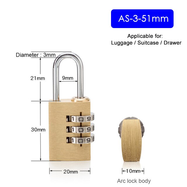 NAIERDI Digital Combination Password Lock High Security Solid Brass Anti-Drill Lock Travel Luggage Code Padlock Suitcase Locks: AS-3-51MM