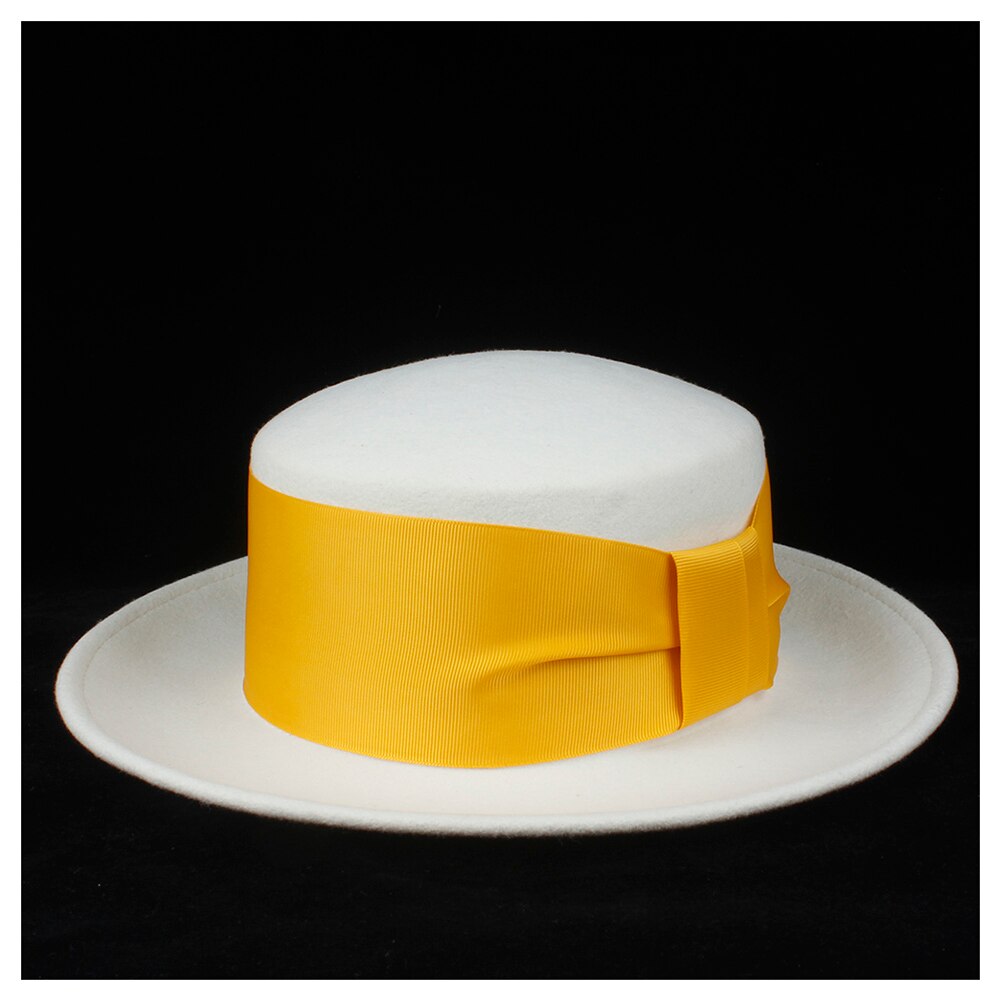 100% Wool White Fedora Hat Flat Top Hat Fedora Hat: Yellow