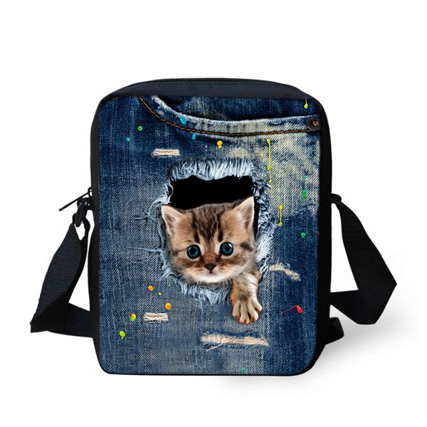 Instantarts Kawaii 3D Denim Kat Print Vrouwen Mini Messenger Bag Mode Dames Reizen Schoudertas Cross Body Bags: CA4912E