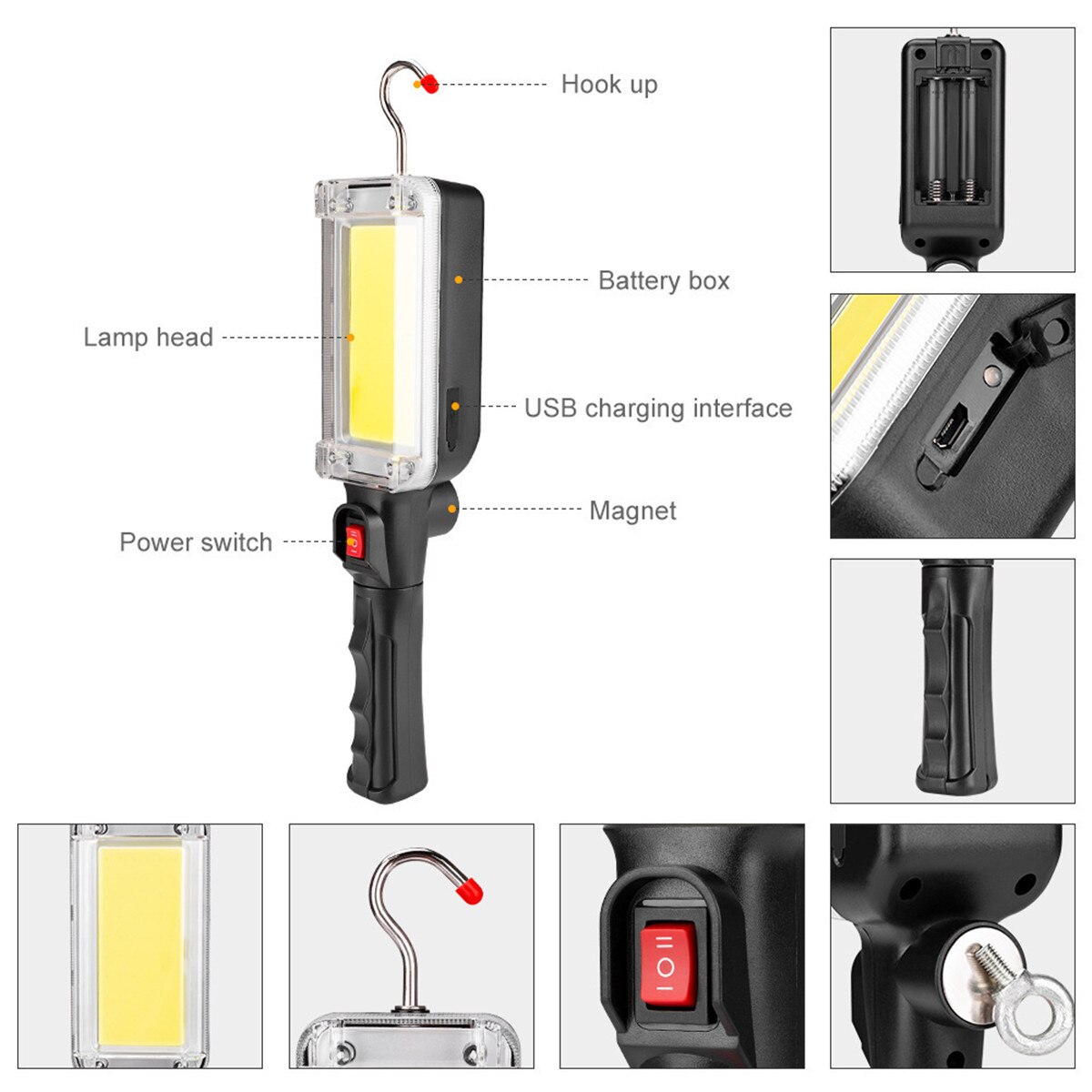 2 Modes Portable Lantern Flashlight Power By 2*18650 Battery COB LED Work Lighting Flashlight for Camping Night Lamp with Hook