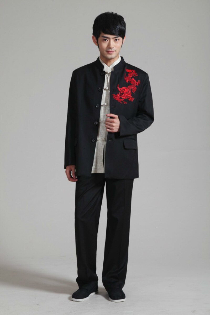 Costume Tang traditionnel chinois noir, vêtements Tai Chi, uniformes Wushu, broderie de Dragon, ensembles veste + pantalon à col Mandarin
