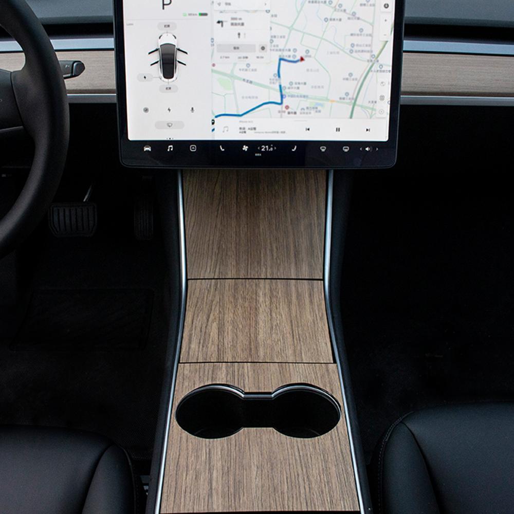 Bil centralt kontrolpanel klistermærke til tesla model 3 tilbehør interiør stil auto beskyttende film kulfiber træ korn: Træ korn