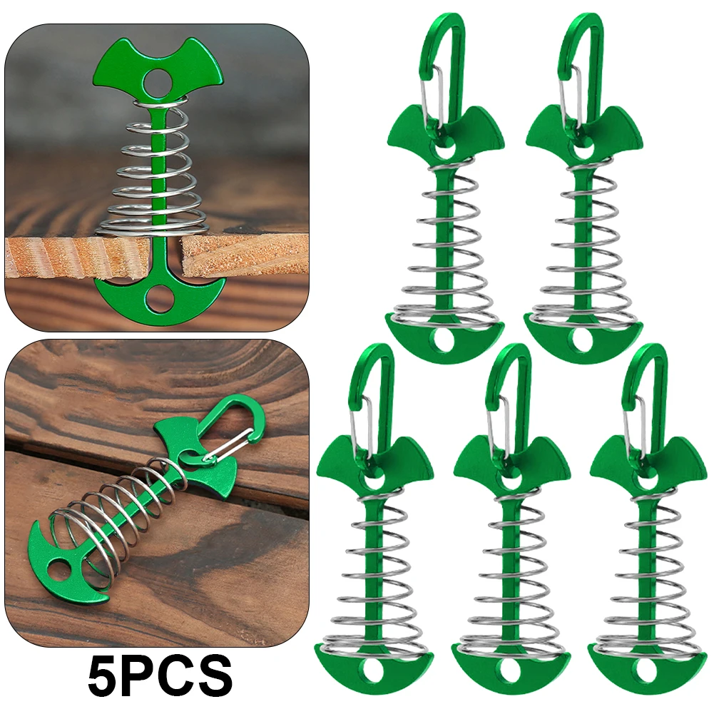 3/5/10PCS Spring Fishbone Deck Pegs Tent Stakes Awning Anchor Wind Rope Buckle with Carabiner Deck Fixed Nails Camping Tent Hook: green