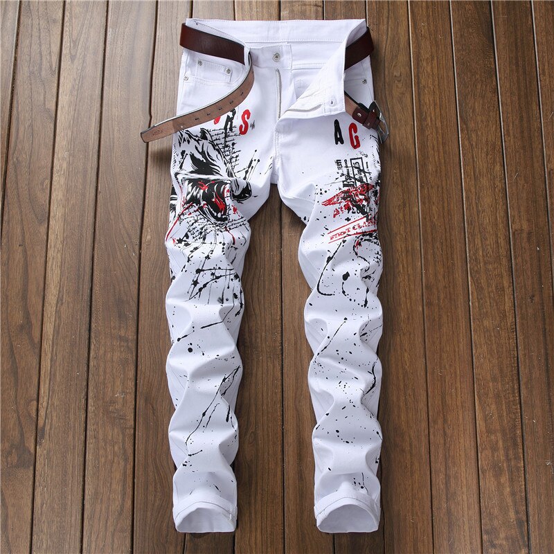 Streetwear Graffiti Jeans Men Elastic Denim Pants Trousers Hip Hop Casual Print Pant White Slim Fit BP016: 30
