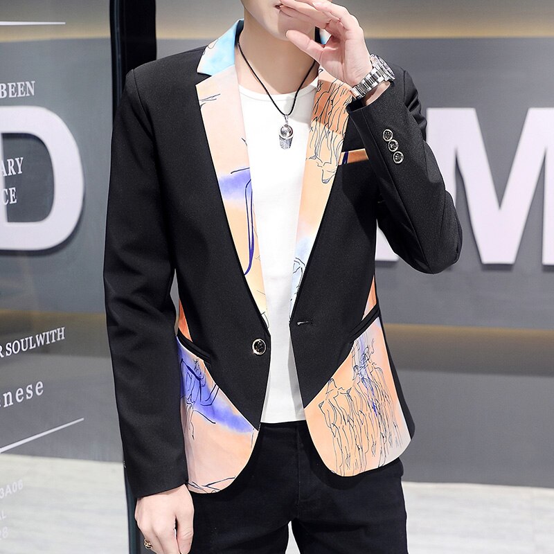 Spring Men Blazers Splicing Casual Slim Fit Suit Jacket Wedding Business Dress Coat Streetwear Social Men Clothing: Black / XXXL